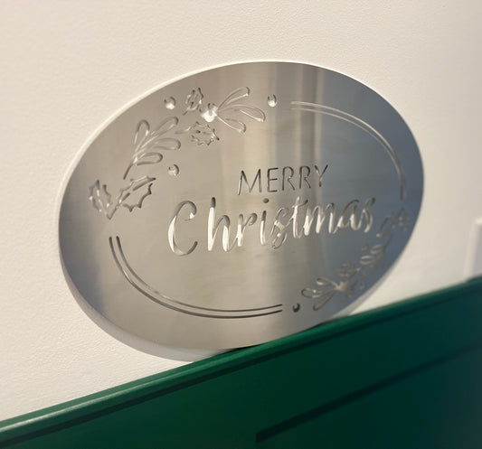 Merry Christmas Wall Art - Brushed Steel Oval (40-80cm)