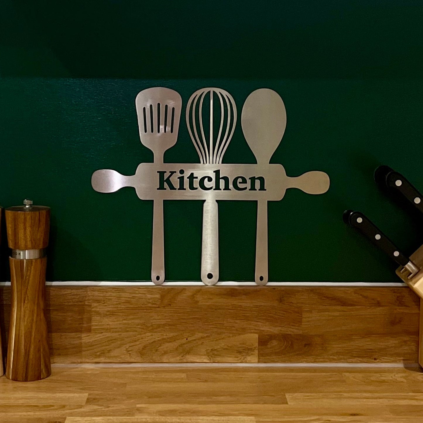 Kitchen Utensils Wall Art - Brushed Steel Sign (30-42cm)