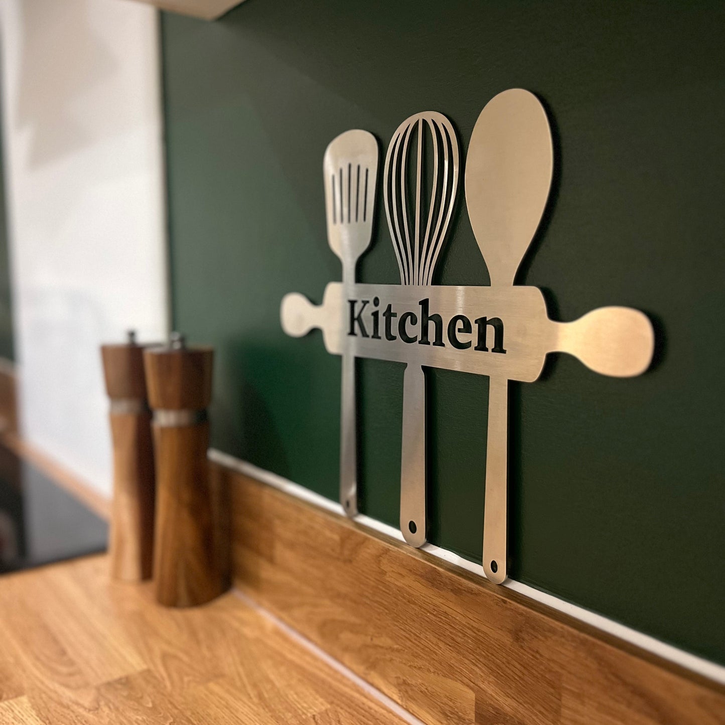 Kitchen Utensils Wall Art - Brushed Steel Sign (30-42cm)