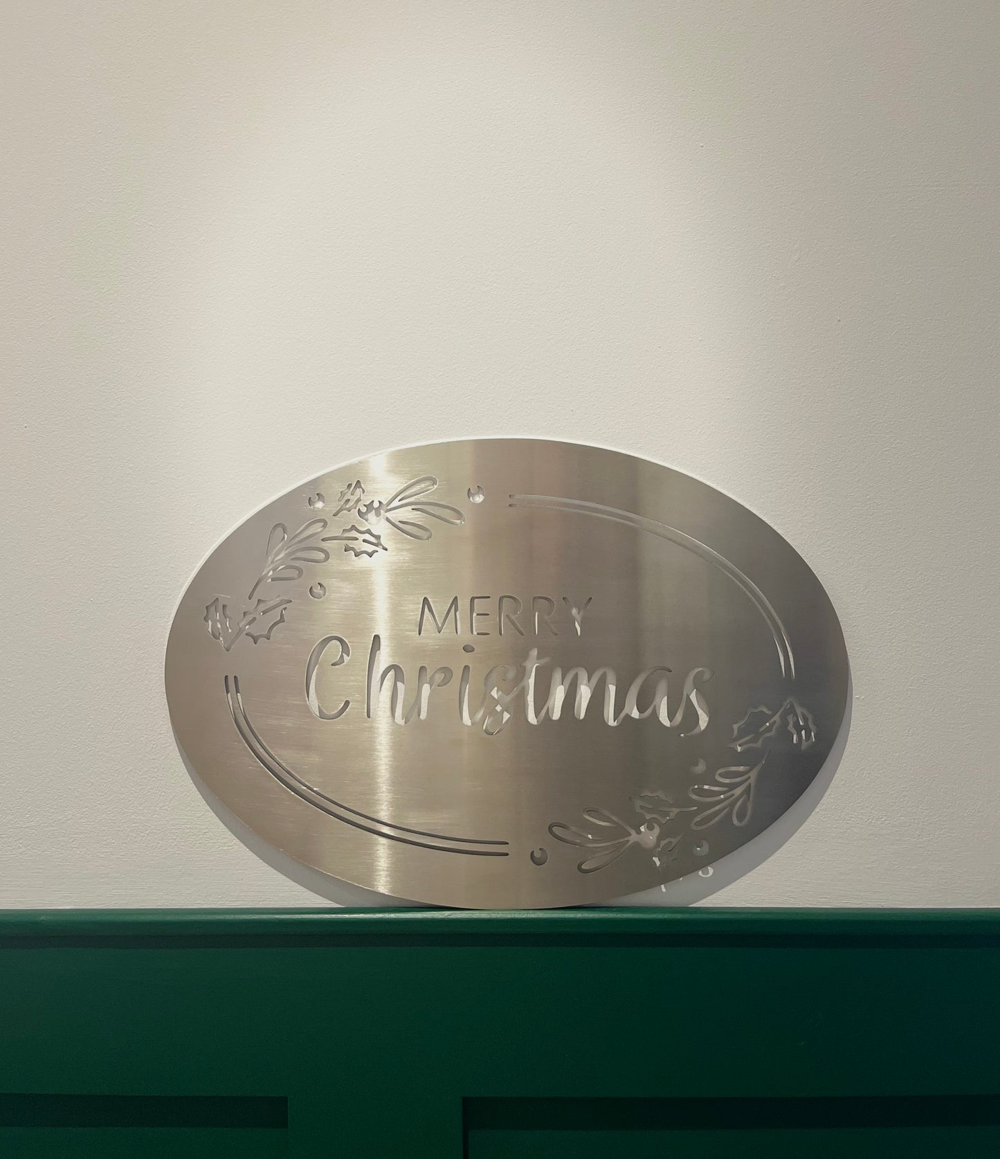 Merry Christmas Wall Art - Brushed Steel Oval (40-80cm)