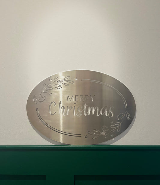 Merry Christmas Wall Art - Brushed Steel Oval (40-80cm)